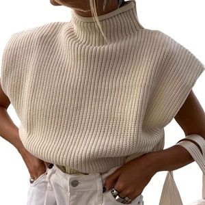 xxxiticat Shoulder Pad Sweater Top Sleeveless Turtleneck Wide Knitted Sweater